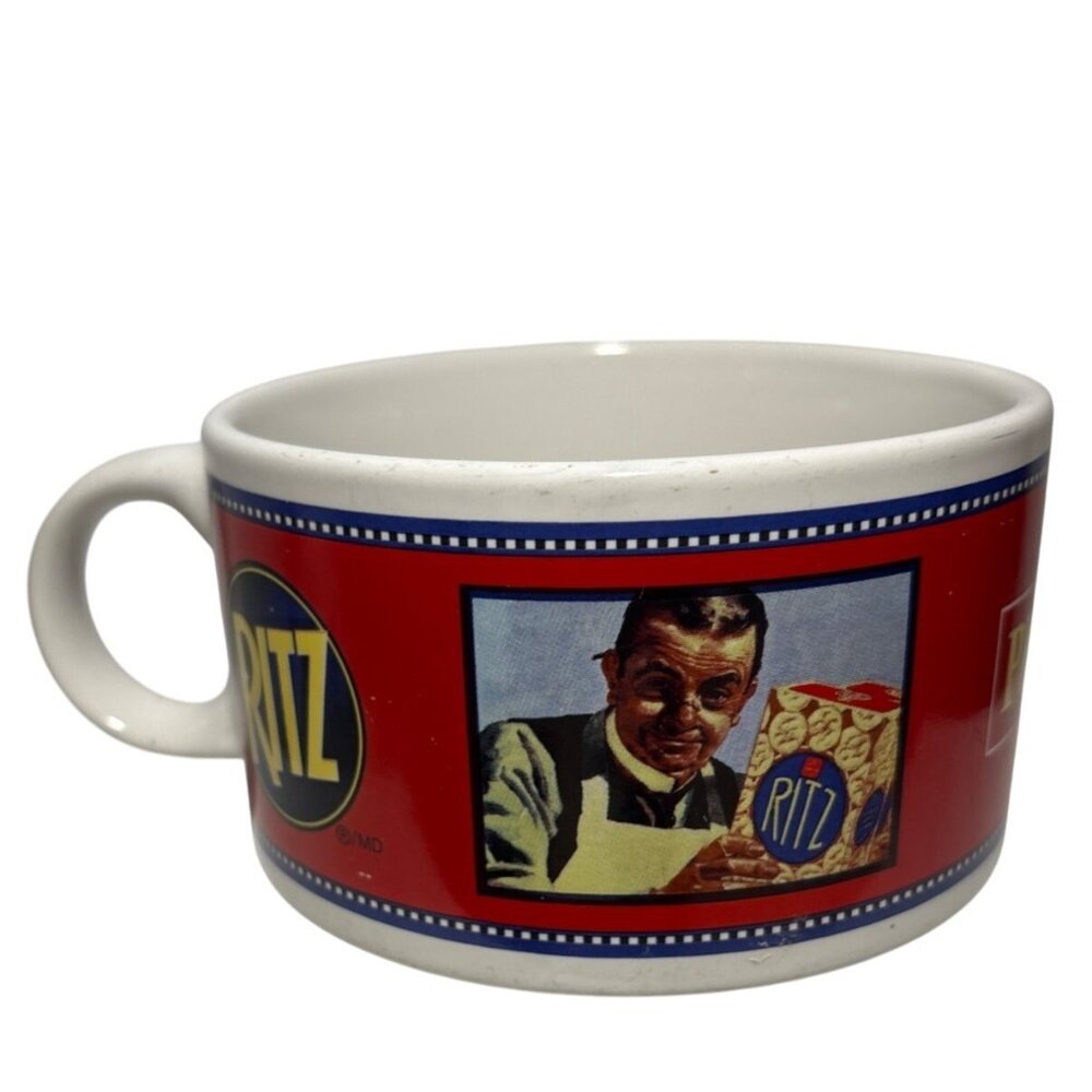 Vintage Ritz & Premium Plus Ceramic Mug Red White Retro Advertising 8 Oz